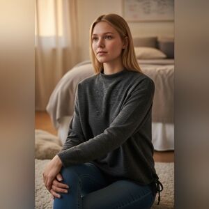 J Jill Pure Jill Top Women's XL Gray Marled Side Tie Hem Long Sleeve Mock Neck